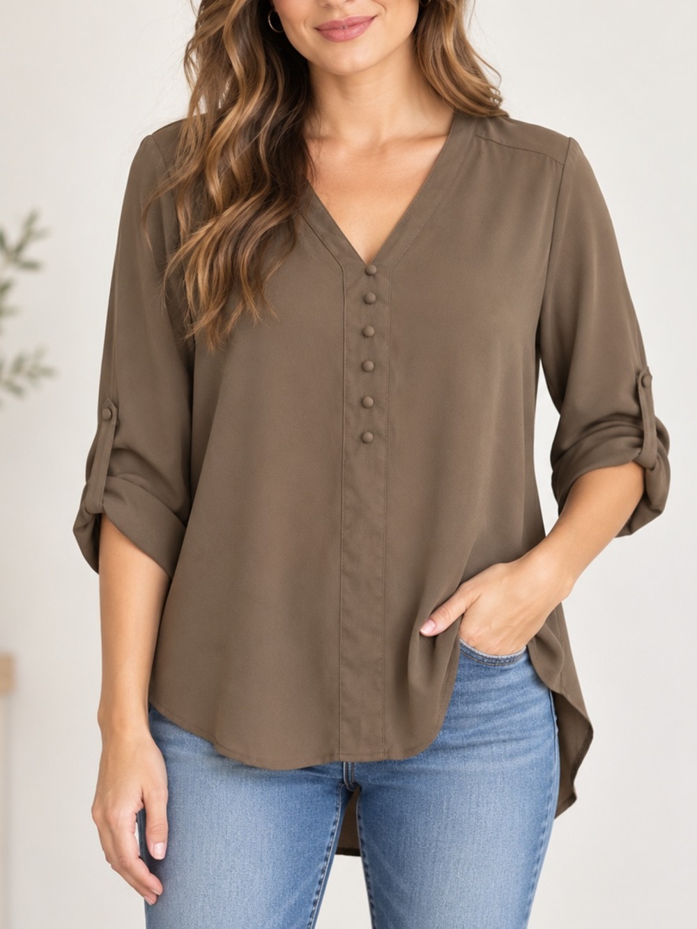 Express Womenโs Medium Brown Taupe Roll Tab Sleeve High Low Blouse